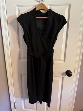 Snap Black Cap-Sleeve Midi Wrap Dress with Waist Tie